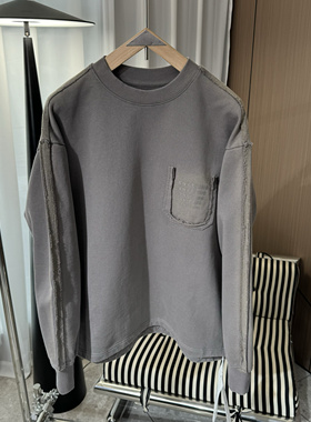 004设计感拼接毛边套头卫衣男潮流潮流百搭痞帅高街黑色打底衫