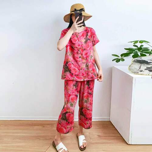 绵绸套装女 夏季薄款圆领短袖上衣9分裤休闲套装人造棉家居服睡衣