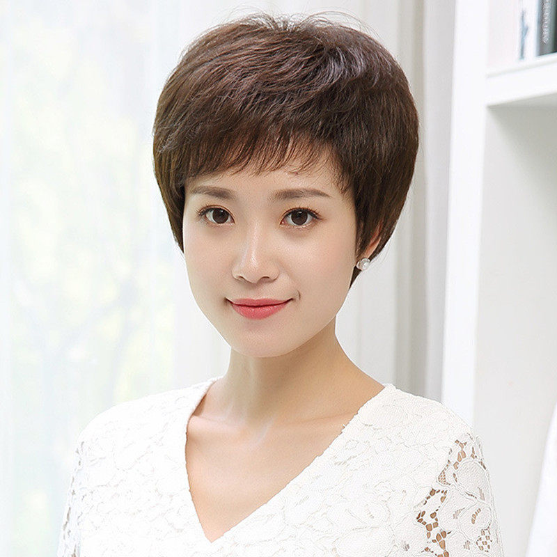 中老年假发女短发真人发丝全头套纹理烫送妈妈遮白发时尚蓬松透气