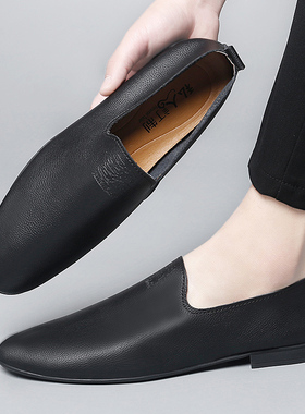 真皮豆豆鞋男百搭休闲小皮鞋一脚蹬尖头软底软皮男鞋小码36大码45