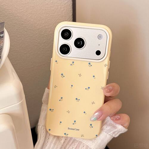 奶黄蓝碎花全包镜头iPhone壳