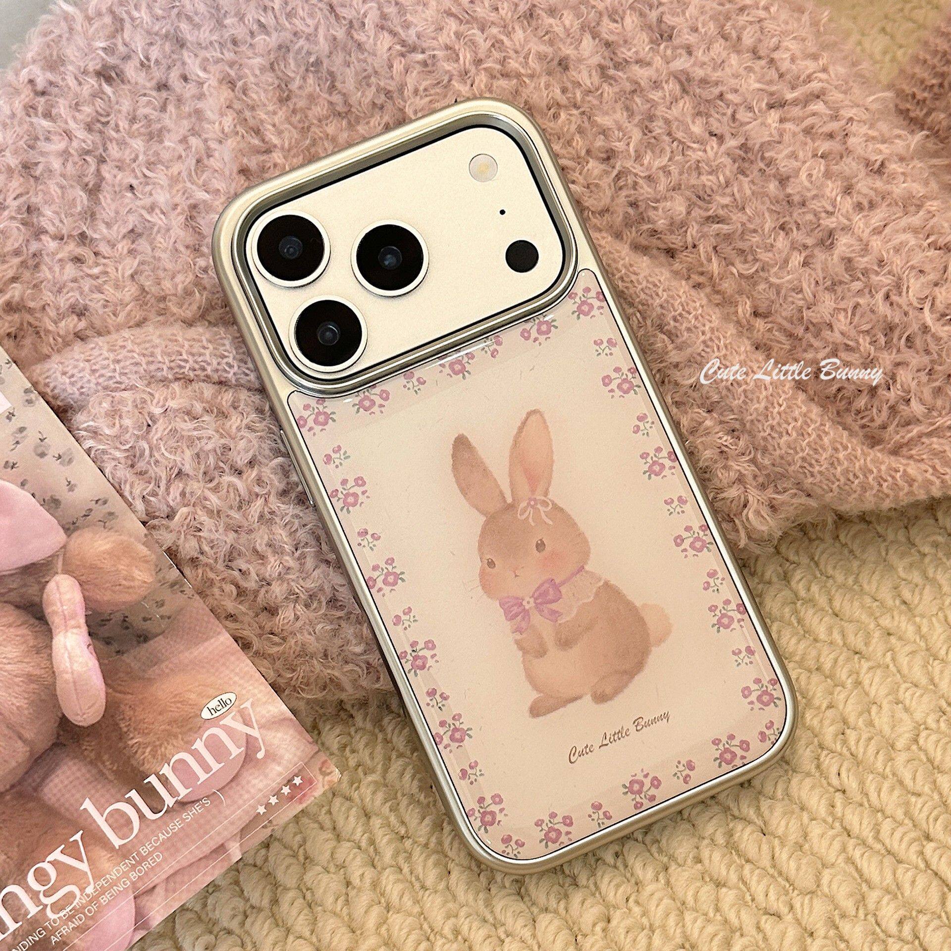 紫色碎花兔子适用苹果17pm手机壳iphone16pro 韩系15电镀13滴胶14苹果小熊花朵卡通透明软壳小清新电镀银边