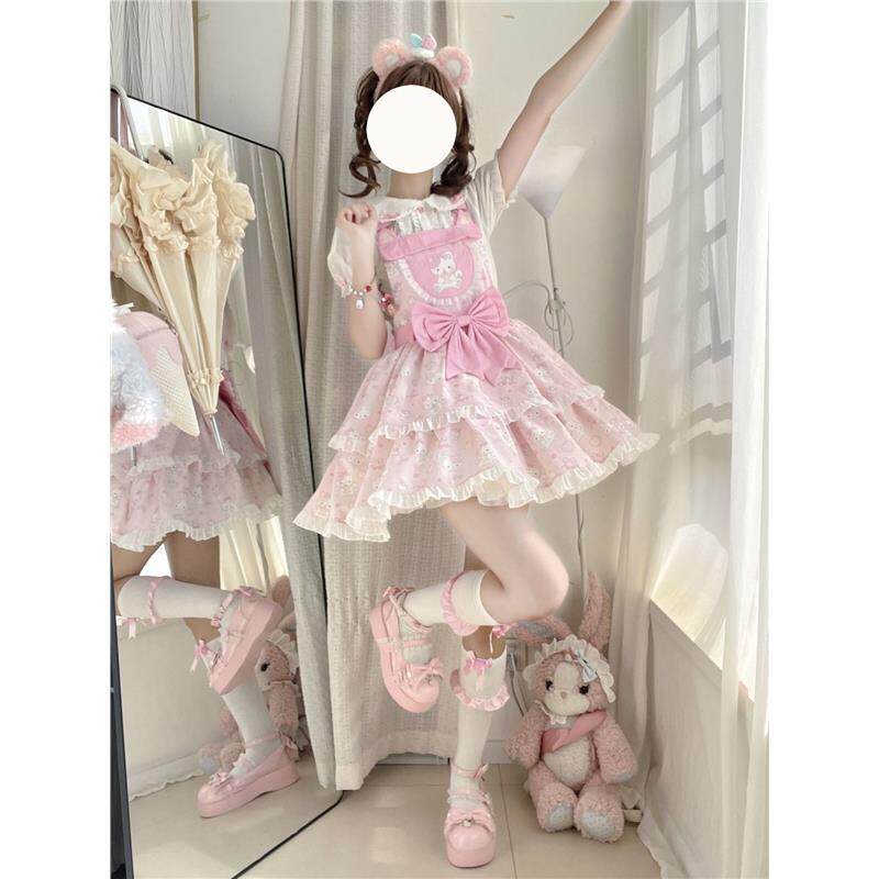 林贝贝原创Lolita【萌喵蛋糕】可爱碎花背带裙甜美百搭背带洛丽塔