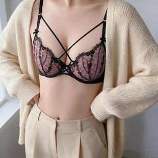 法式超薄BC杯性感交叉美胸内衣大胸显小显瘦防下垂复古风文胸罩