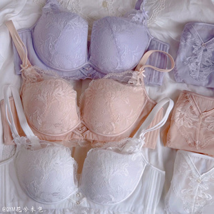 法式 蕾丝桑蚕丝内衣上薄下厚小胸聚拢显大无钢圈侧收副乳文胸罩