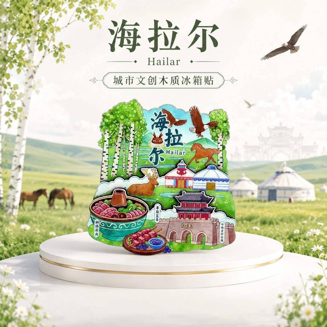 内蒙古海拉尔城市木质文创冰箱贴