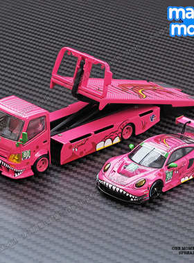 保时捷911GT3粉恐龙套装TL&SR1/64落地平板拖车合金汽车模型摆件
