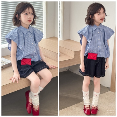 植木西2026夏3549新款短袖衬衫7598牛仔短裤中大童女童亲子