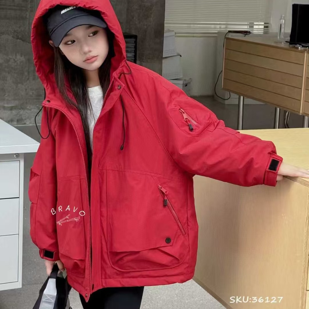 布芮欧2025冬新款36127中国红防水夹棉冲锋衣外套中大男女童亲子