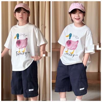 爱家2026夏5317新款小鸭子短袖5323工装短裤中大男女童中性亲子