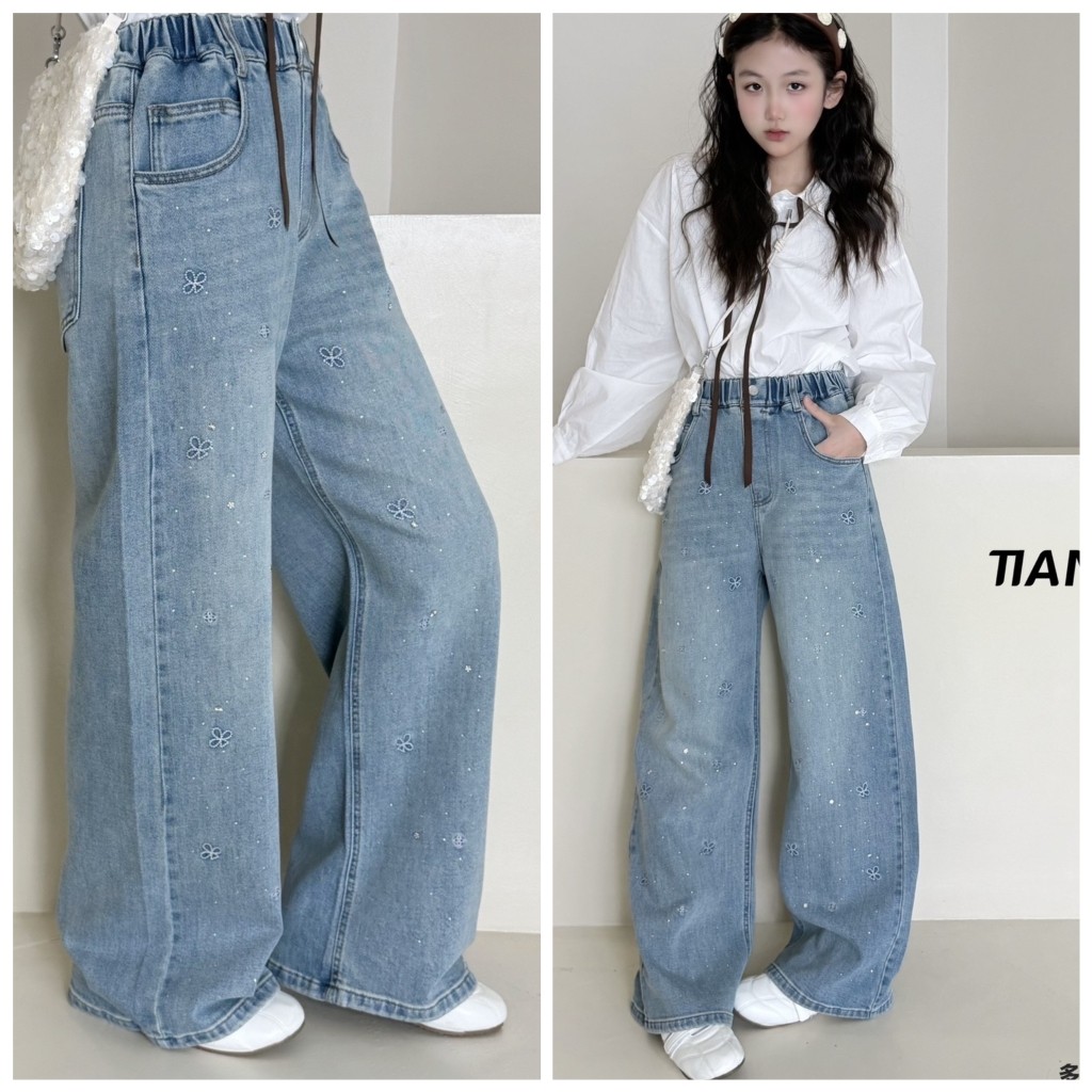 天依角2026春新款18005刺绣烫钻直筒牛仔裤中大童女童可亲子