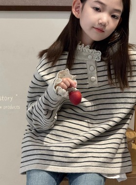 G+2025冬新款52853条纹拼接蕾丝毛衣中大童女童可亲子