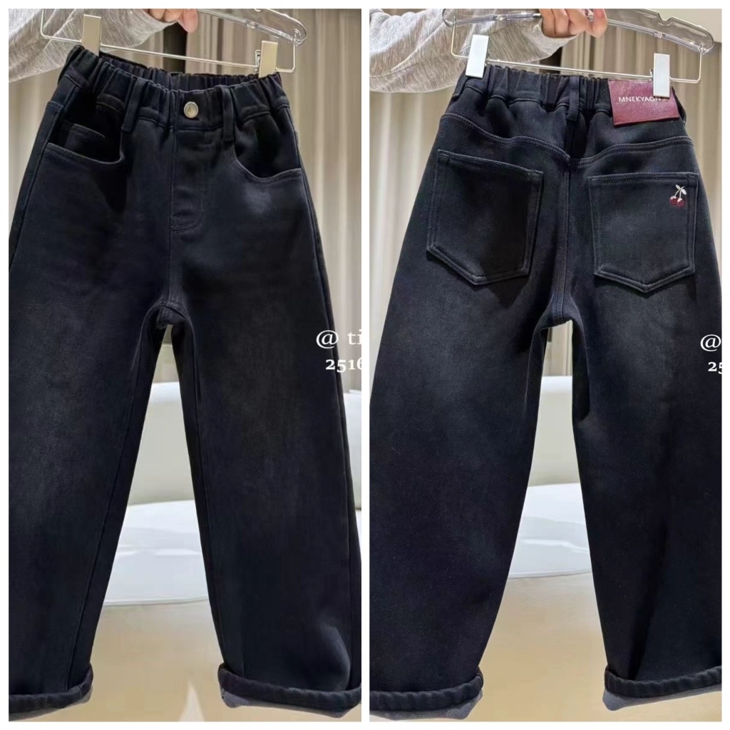 天依角2025冬新款25167一体加绒刺绣樱桃牛仔直筒裤中大女童亲子