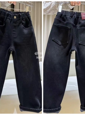 特天依角2025冬新款25167一体加绒刺绣樱桃牛仔直筒裤中大女童亲