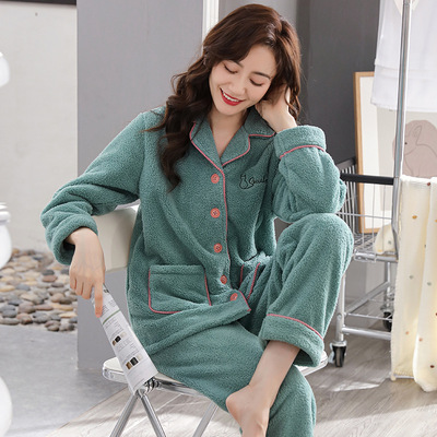 日本MUJIΕ睡衣女士秋冬季冬天保暖法兰绒加绒加厚冬款家居服珊瑚