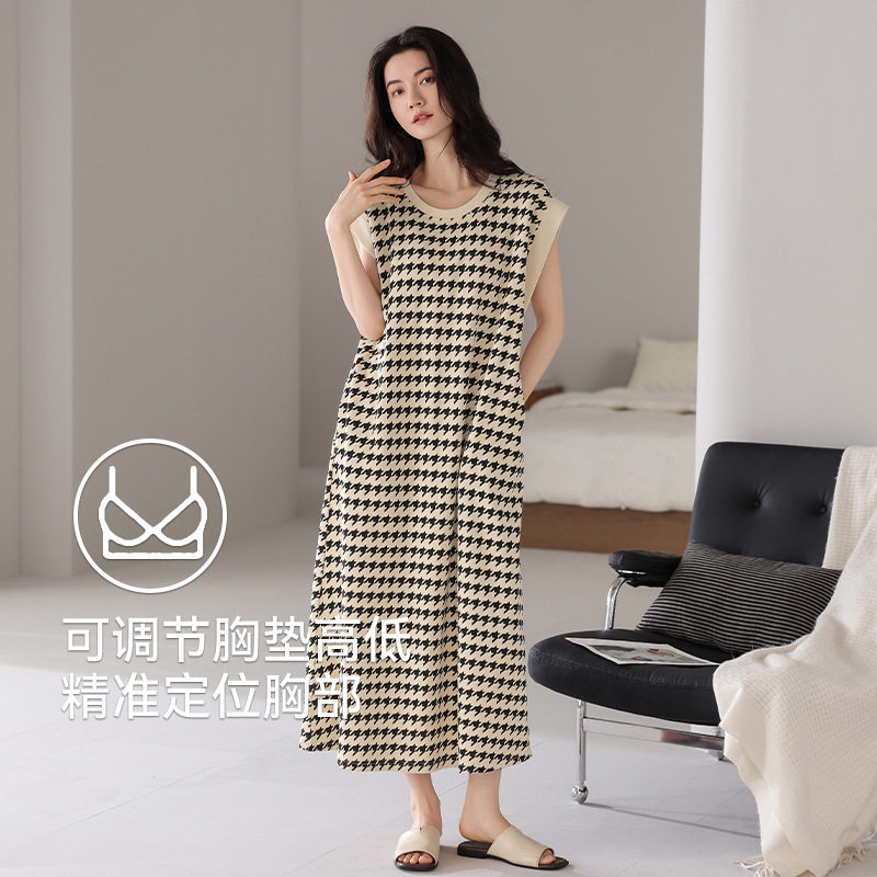 日本MUJIΕ带胸垫睡裙女士夏季无袖背心家居服夏款纯棉大码休闲连