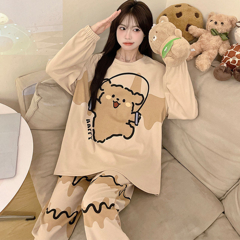 日本MUJIΕ纯棉睡衣女秋季长袖长裤薄款大码200斤女款春夏季家居