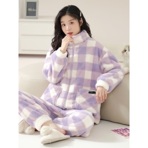 日本MUJIΕ珊瑚绒睡衣女秋冬款加绒加厚保暖高级感紫色格子家居服