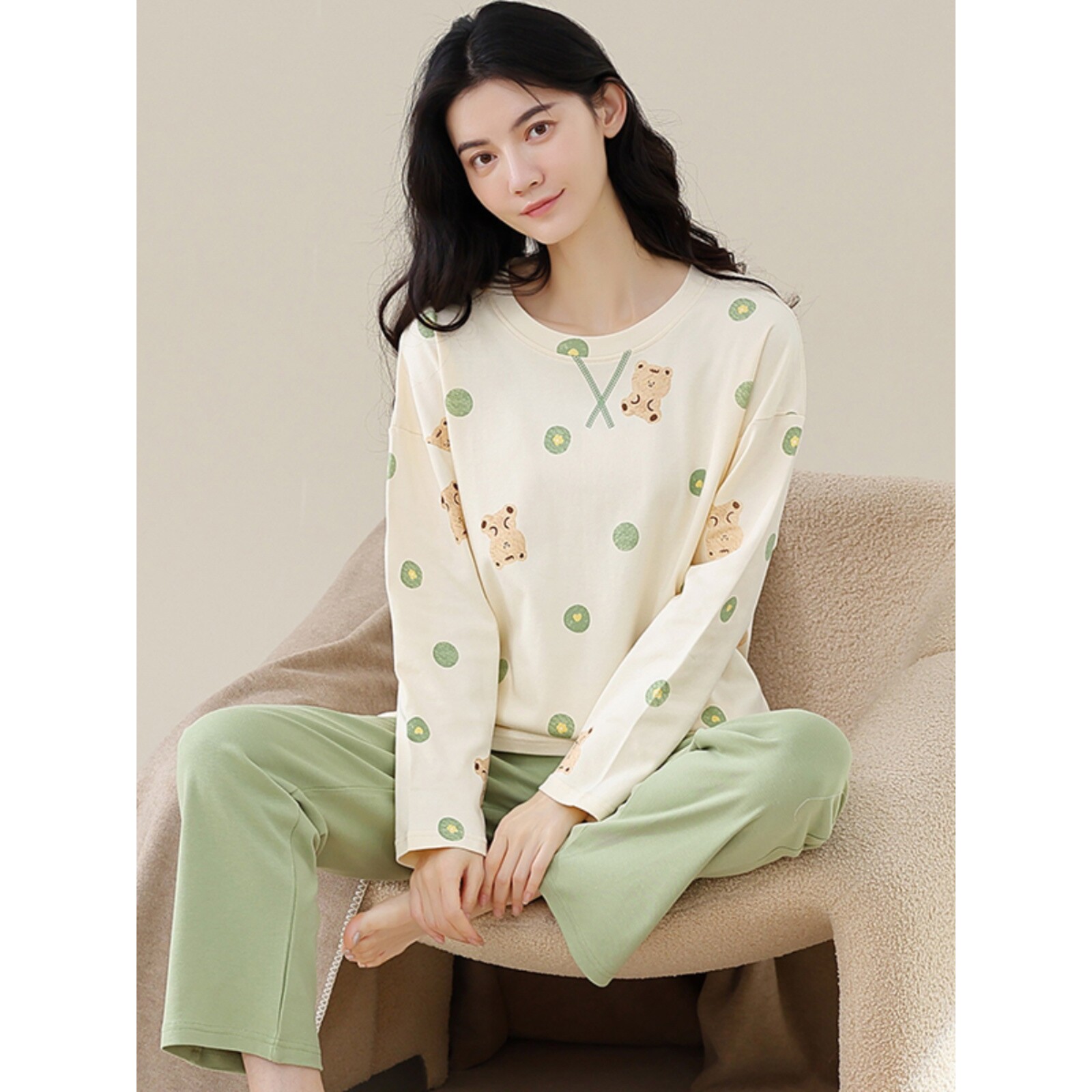 日本MUJIΕ睡衣女款春秋季纯棉长袖薄款全棉休闲家居服套装可外穿