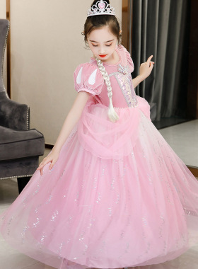 迪士尼女童美人鱼cosplay女童舞台演出服网纱公主泡泡袖蓬蓬礼裙
