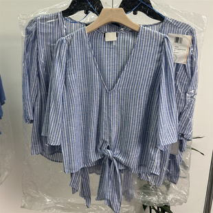 外贸欧美 跑单款 夏 52%棉条纹喇叭五分袖 V领 系带大码衬衫上衣