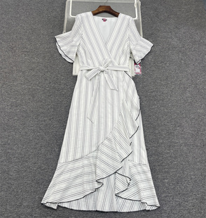 外贸单墙推整单款所见即所得！夏季荷叶拼接Ｖ领棉质大码连衣裙