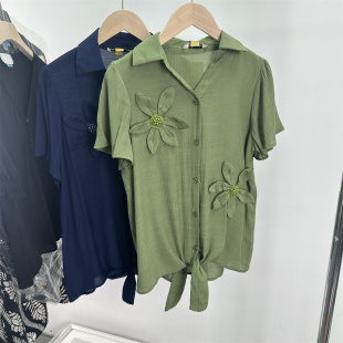 夏季 系带衬衫 大码 短袖 上衣 钉珠花朵 外贸欧美捡漏DAN