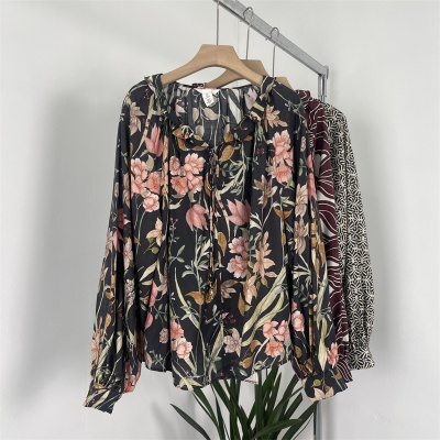 荷叶花边系带领大码休闲碎花衬衫