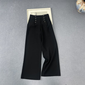 饰抗皱高腰阔腿直筒长裤 小众定制捡漏 小轻奢春秋纽扣装