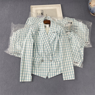 外贸米G跑单捡漏 小外套 英伦职业不规则绿色格子小西装