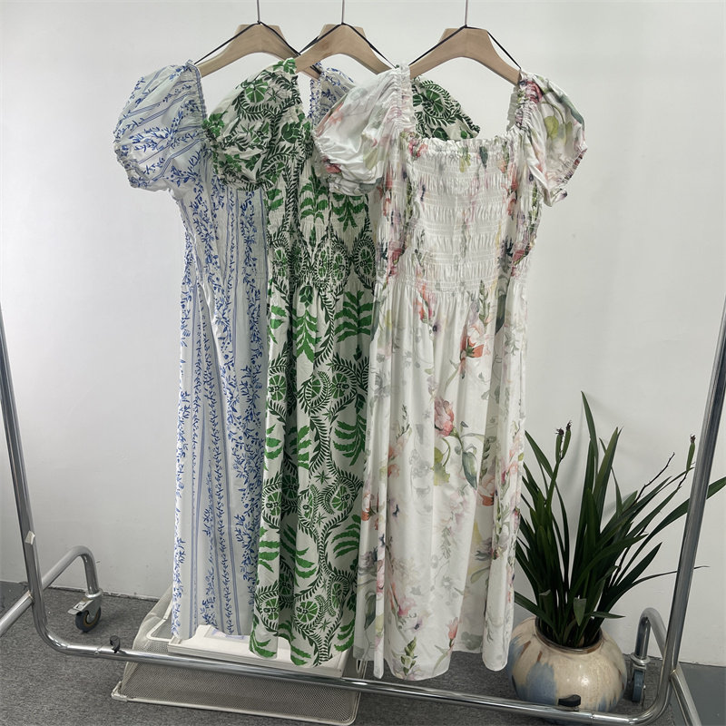 外贸欧美 瑞典余单 夏季花边一字领泡泡印花修身大码连衣裙