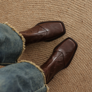 全头层羊皮皮时装靴女靴小方头黑色2025瘦瘦靴女款短靴子早秋皮靴