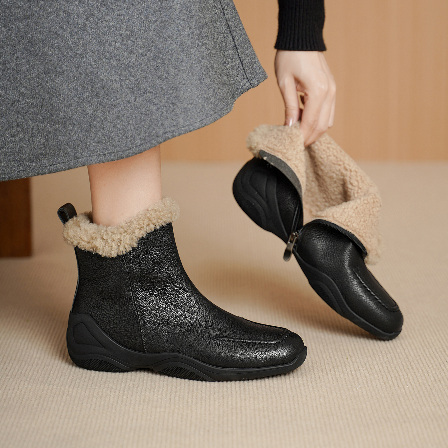 加厚绒冬季女士及踝靴内增高低跟矮跟真羊毛羊皮棕色真皮短靴平跟