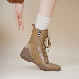 马丁靴系带短靴中跟单靴加绒里橡胶底杏色黑色软皮牛皮羊皮真皮