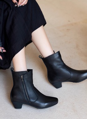 宽楦舒适 跟底一体 软底无声 德国KUFENBERG 7674中跟真皮短靴