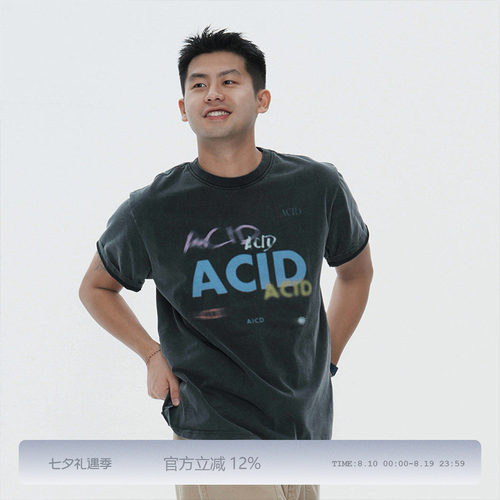 MilkShot Acid黑色炒盐工艺水洗数码印花短袖T恤
