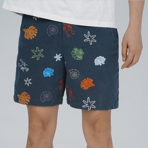 Milkshot 海洋刺绣男夏季高级亚麻棉宽松显腿长设计款工装裤短裤