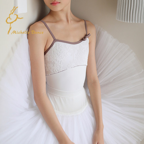 MichelleDance 蝴蝶结压花绒吊带定制芭蕾连体服少女款黑白赫本风