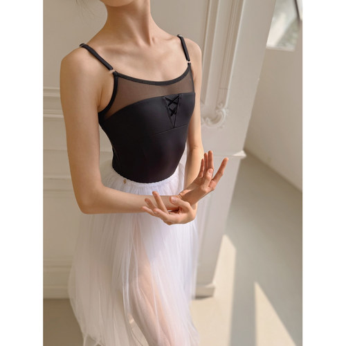 Michelle Dance 黑色蝴蝶结交叉网眼吊带芭蕾连体服
