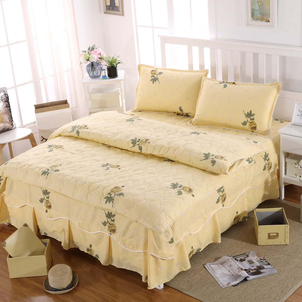 纯棉夹棉四件套全棉2023新款婚庆绗缝拉链式被套床裙枕套卧室家用,床上用品,床品套件/四件套/多件套,淘宝优惠券,粉丝福利购,淘宝优惠卷