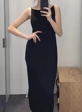 21新品黑色吊带中长款连衣裙优雅显瘦露背小黑裙