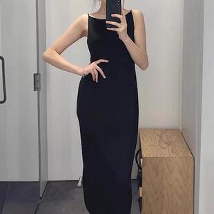 21新品黑色吊带中长款连衣裙优雅显瘦露背小黑裙