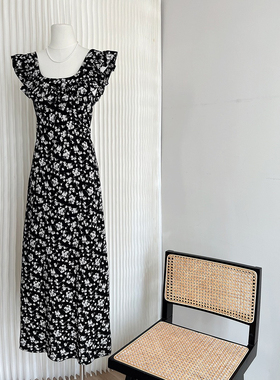 法式时尚约会玫瑰岛碎花荷叶边小飞袖连衣裙女春夏收腰气质中长裙