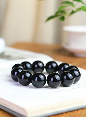 新疆和田玉墨玉手串16mm大珠径男款文玩单圈霸气玉石手链附证书