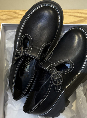 轻巧厚底 头层牛皮 T型搭扣撞色车线百搭复古欧美青年女单鞋5846