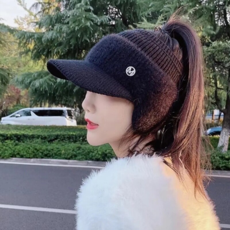 毛线空顶帽大人小孩可扎马尾骑行保暖护耳针织帽子百搭加厚保暖冬