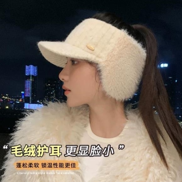 韩版秋冬季帽子女款可扎马尾显脸小加绒护耳保暖帽日系空顶鸭舌帽
