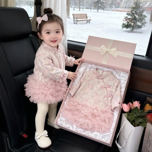 女童富家千金感裙子2025新款冬唐装拜年服中国风宝宝周岁礼服汉服