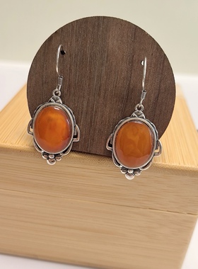 C44# 天然原矿老蜜蜡通体S925纯银耳环耳勾 蜜蜡16*12mm