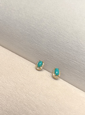 C60# 通体S925纯银镀金精工镶嵌原矿绿松石美松耳钉7.5*5.5mm证书